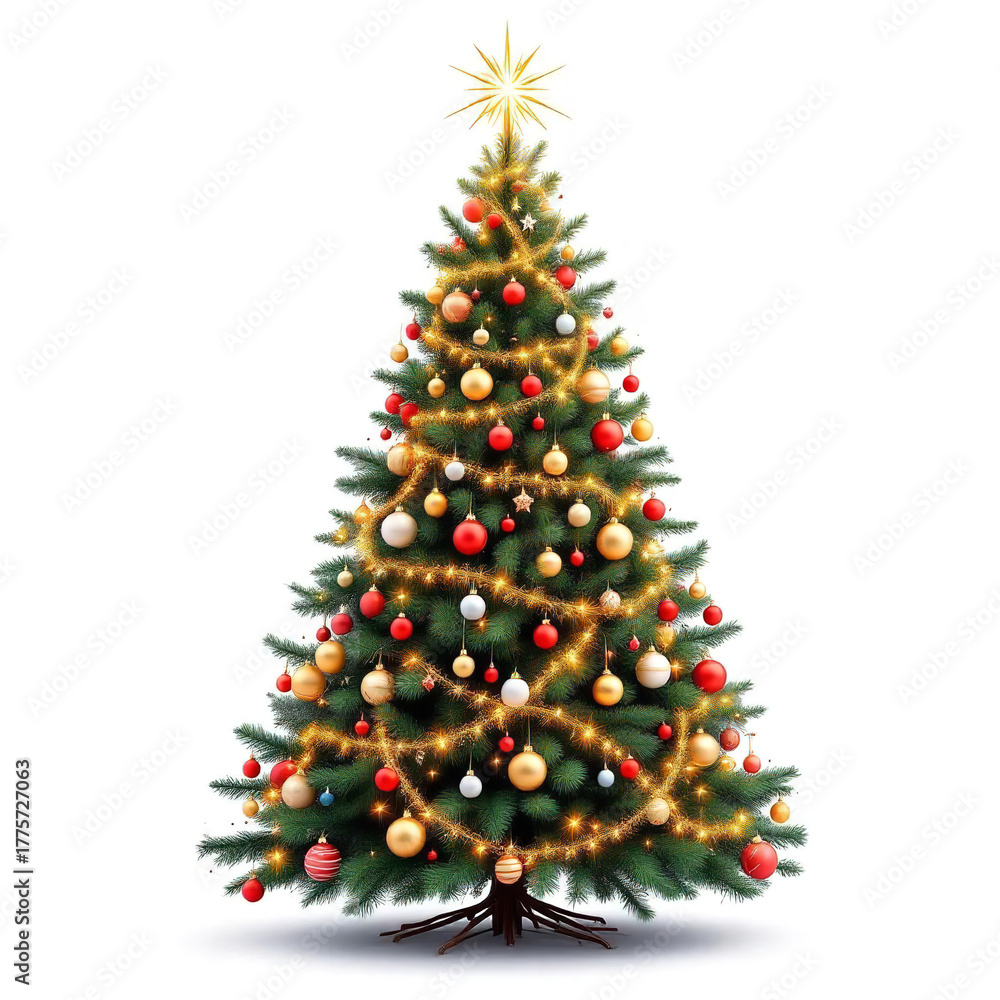 Fototapeta premium Decorated Christmas Tree PNG with Baubles, Lights and Golden Star in Festive Holiday Celebration Illustration Style