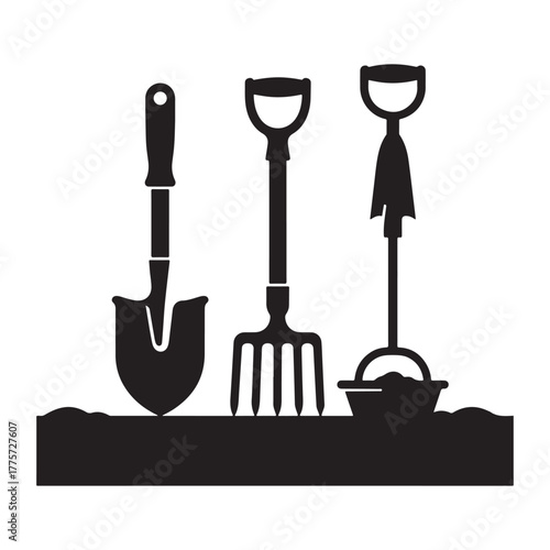 Black vector silhouette set of garden tools and equipment icons including a shovel and spade for gardening design