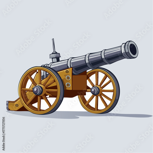 Vintage Wooden and Metal Cannon with Detailed Spoked Wheels.