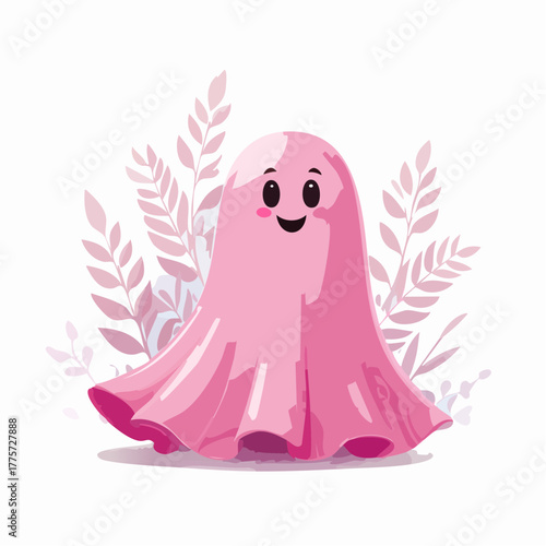 Cute pink cartoon ghost with happy smiling face and flowing sheet body.