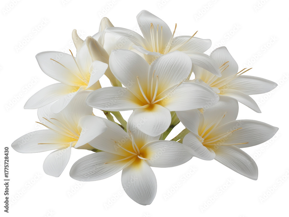 Fototapeta premium White frangipani flower bouquet with yellow center, tropical floral arrangement, delicate petals, natural beauty, isolated on transparency background, fresh and elegant