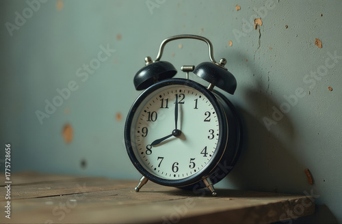 Wallpaper Mural Antique alarm clock on a wooden table against a gray cracked wall, space for text Torontodigital.ca