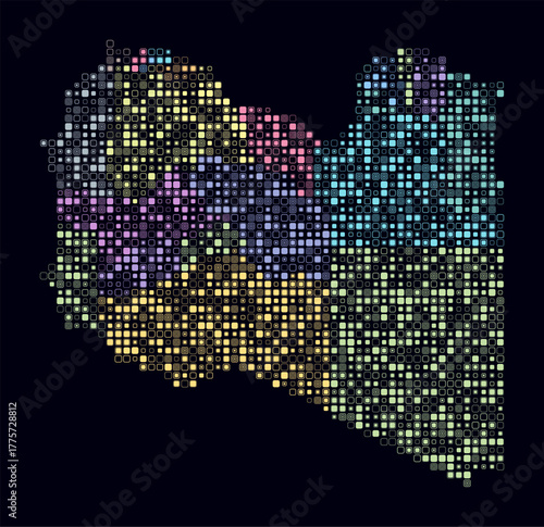 Libya, shape of the country build of colored cells. Digital style map of the Libya on dark background. Small size rounded square blocks. Simple vector illustration.
