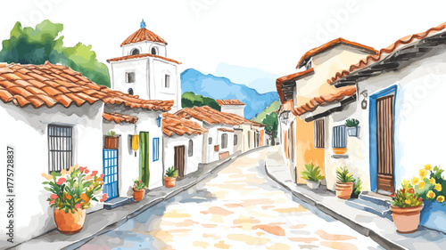 Banos de Agua Santa. Banos de Agua Santa hand drawn watercolor illustration