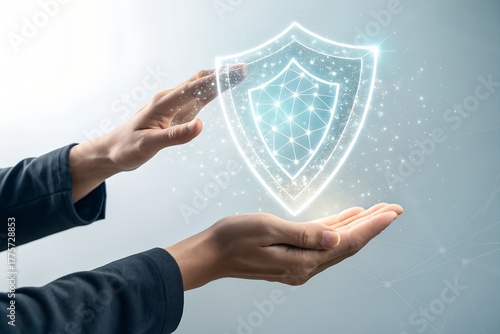 Work safety concept. Businessman show the icon of safety at workplace sour rounded by safety first, protections, health, regulations and insurance. Working standard process. Zero accidents.