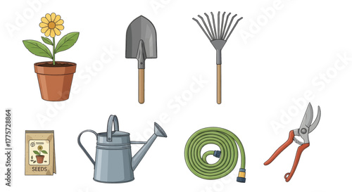 Gardening tools and supplies for planting a flower in a pot, including a trowel, rake, watering can, hose, and seeds