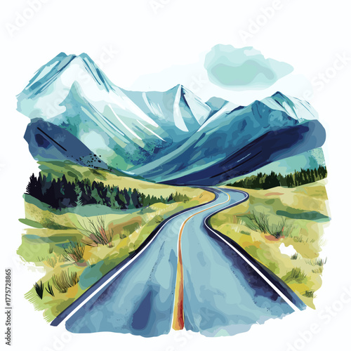 Carretera Austral. Carretera Austral hand drawn watercolor illustration