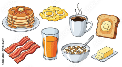 Delicious breakfast spread with pancakes, eggs, bacon, cereal, toast, juice, and coffee