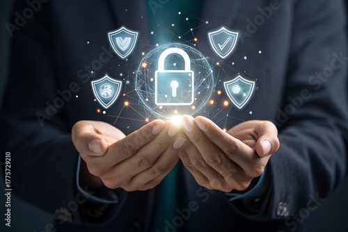 Work safety concept. Businessman show the icon of safety at workplace sour rounded by safety first, protections, health, regulations and insurance. Working standard process. Zero accidents.