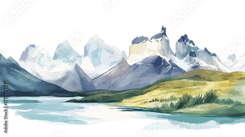 Torres del Paine National Park. Torres del Paine National Park hand drawn watercolor illustration