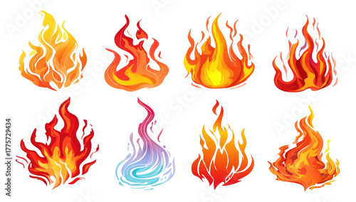 Nine stylized fire flames in various colors