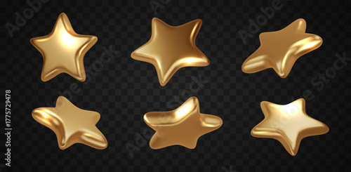 3D golden star. Vector glossy metal rating icon for award quality trophy decoration. Christmas isolated design