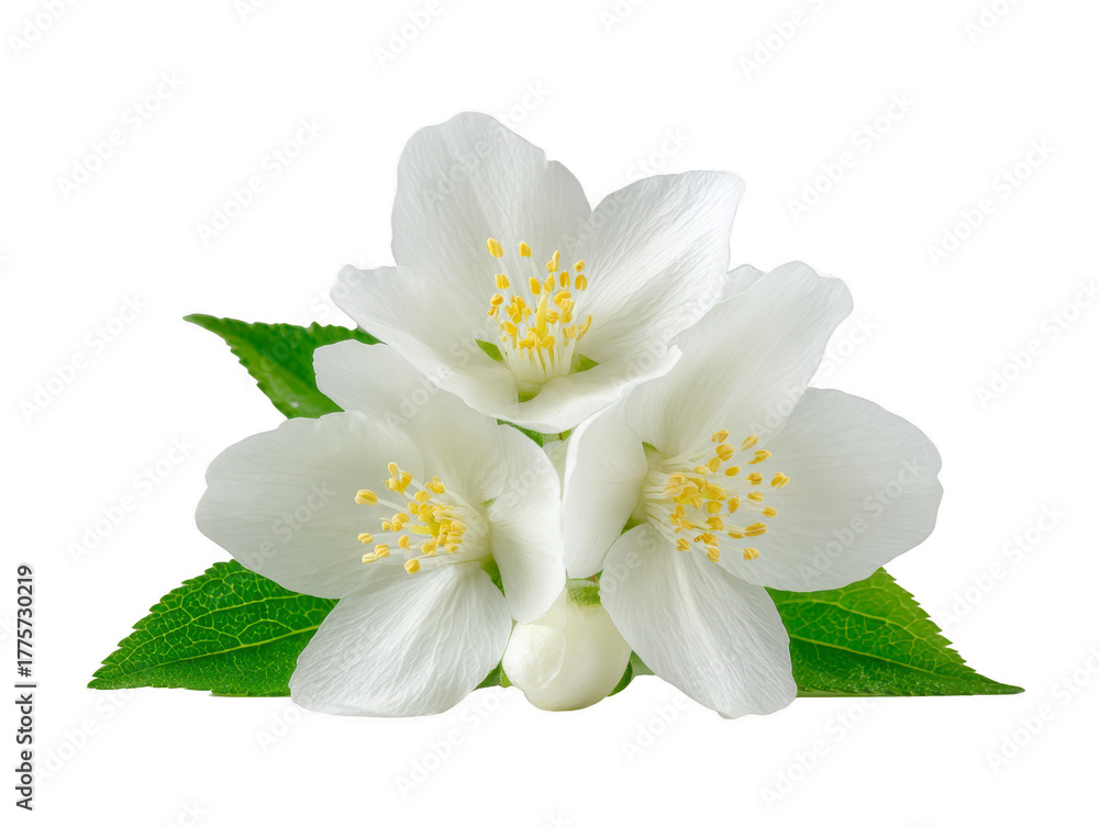 Obraz premium White jasmine flower with green leaves, delicate petals, and yellow stamens, symbolizing purity and tranquility, isolated on transparent background, perfect for design and decoration