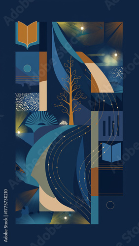 Abstract Digital Art of Universal Wisdom: Blue Tones, Flowing Lines, Tree Symbolism, and Spiritual Knowledge. Contemporary Ottoman Philosophy Illustration.