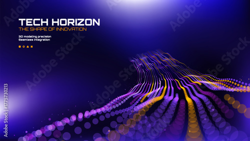 Abstract digital background with glowing purple and yellow dots arranged in wavy lines, representing data flow. Technology concept.