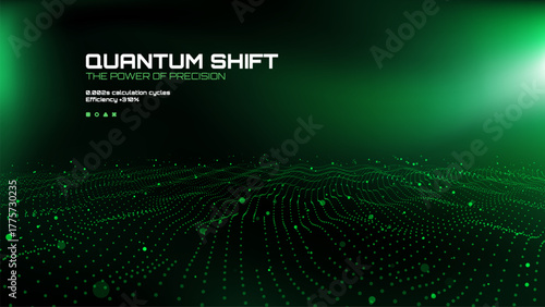 Green energy wave pattern with data points. Futuristic tech background for quantum computing, digital science, innovation, and artificial intelligence.