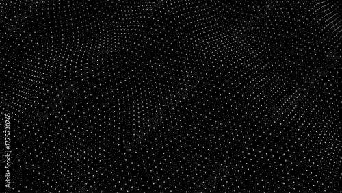 Abstract dot grid with flowing wave pattern on black background. Technology, science, and data visualization concept for digital design.