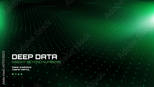 Green deep data network with insight beyond numbers text and dotted wave. Artificial intelligence and machine learning technology background.