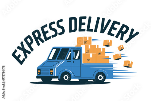 A blue delivery truck is speeding along with packages in the back and falling out.