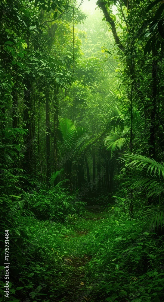 Fototapeta premium Vibrant, lush green tropical jungle environment featuring dense foliage and exotic plant growth in a humid, natural forest setting, shadow., canopy, leaf
