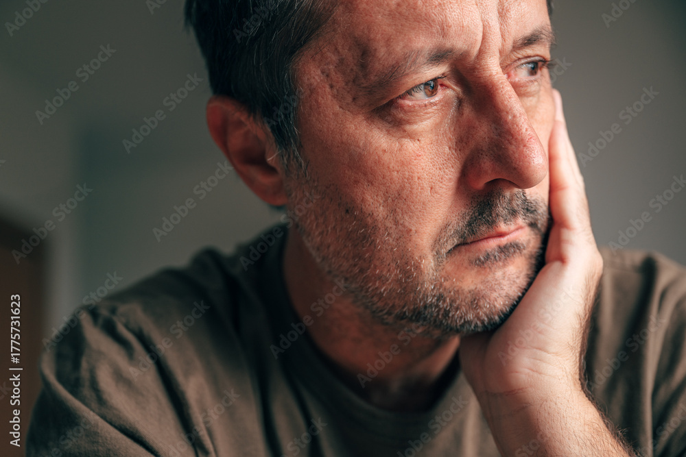 Obraz premium Restless adult man sitting in silence, leaning on hand, showing tired and uneasy facial expression in closeup portrait, procrastination concept.
