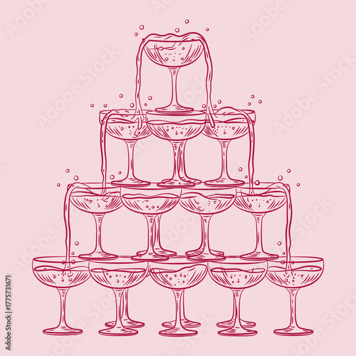 Red illustration of a champagne tower on pink background. The perfect vector to use for wedding stationery and signage, blog design or another celebratory piece.