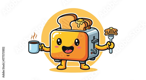 A cute, smiling cartoon toaster character holding a cup of coffee and a fork with pancakes.