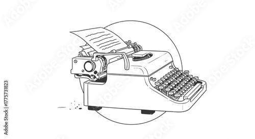 Illustration of a vintage typewriter with paper, set against a circular backdrop.