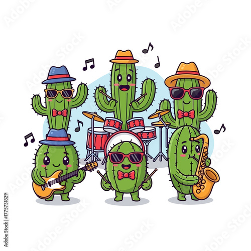 A group of cute, anthropomorphic cacti playing musical instruments in a band, dressed in hats and sunglasses.