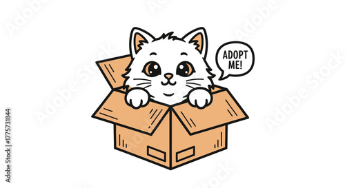 Cute white kitten in a cardboard box with a speech bubble saying "Adopt me!".