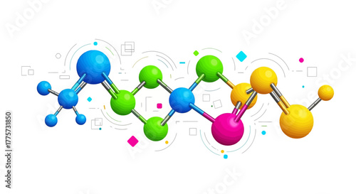 Colorful 3D illustration of a complex molecular structure for science and technology concepts.