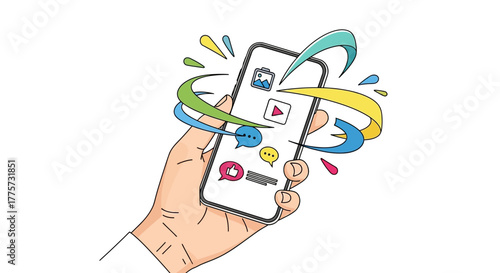 A hand holding a smartphone displaying various social media and communication app icons with colorful swirling graphics around it.