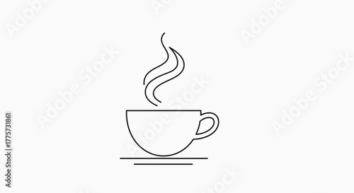 A simple line drawing of a steaming cup of coffee or tea on a saucer.