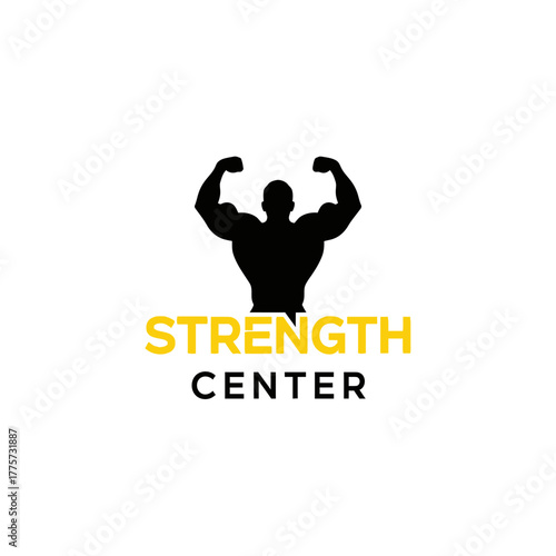 Minimalist Strength Center Logo with Flexing Bodybuilder Silhouette