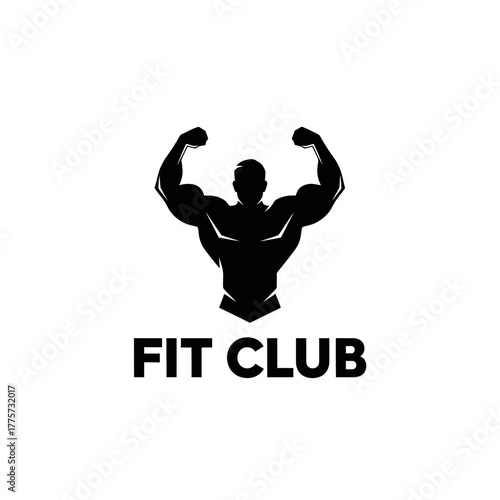 Minimalist monochrome logo with strong muscle man for fitness club branding