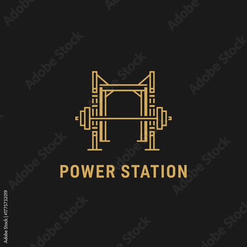 Minimalist barbell rack logo design, strength training equipment icon on black