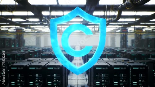 Futuristic data center with glowing shield symbolizing cybersecurity protection