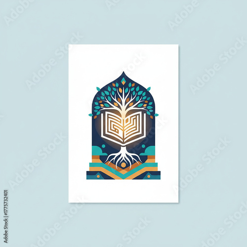 Spiritual Knowledge and Roots Icon: Tree of Life Growing from Open Book with Islamic Arch Design. Abstract Symbolism for Wisdom and Heritage.