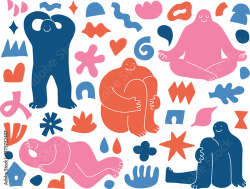 Collection of bright silhouette abstract people vectors featuring diverse poses and actions. Abstract forms doodle style around. Cartoon funny style. Perfect for creative designs, posters 