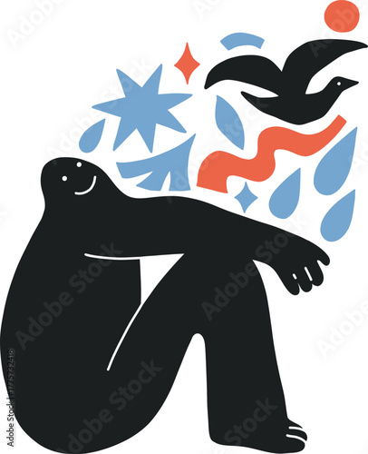 Modern flat character. Silhouette of man with dream universe abstract form, flying bird. Simple character of dreaming young man. Concept in flat color graphic. Vector cutout doodle illustration.