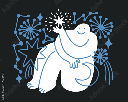 Modern flat character. Silhouette of man with dream universe abstract form, holding star. Simple character of dreaming young person. Concept in flat color graphic. Vector cutout doodle illustration