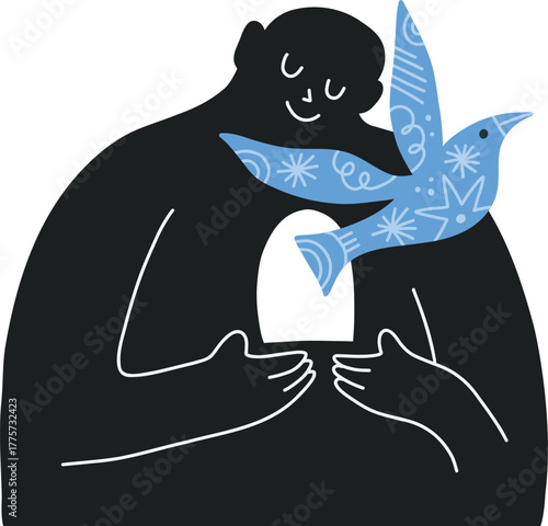 Modern flat character. Silhouette of man with dream inside, abstract form, flying bird. Simple character of dreaming young man. Concept in flat color graphic. Vector cutout doodle illustration