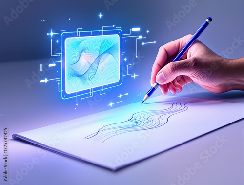AI-Assisted Design Concept: Human Hand Draws Simple Line While Holographic Artificial Intelligence Screen Projects Complex Digital Wave Pattern. Tech Future.