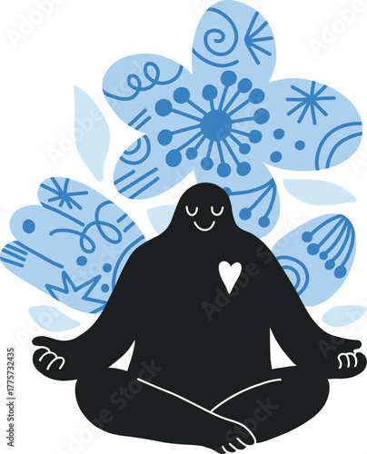 Modern flat character. Silhouette of man with dream, sitting in meditation pose, flowers on background. Simple character of dreaming young person. Concept in flat color graphic. Cutout doodle