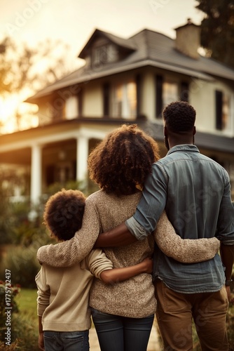 A family embraces while gazing at their home, bathed in golden sunset light. The image captures warmth, togetherness, and cherished moments.