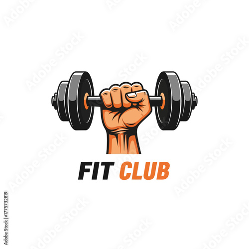 Strong hand gripping dumbbell for fitness club branding and emblems