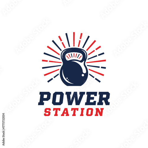 dynamic fitness logo with kettlebell and radiating lines for power station