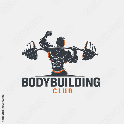 Strong man with barbell in bodybuilding club logo for fitness enthusiasts