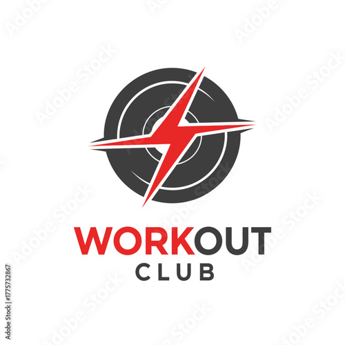 Dynamic fitness club emblem with lightning bolt and weight plate