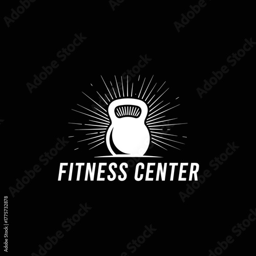 Bold monochromatic fitness center emblem with radiating kettlebell design